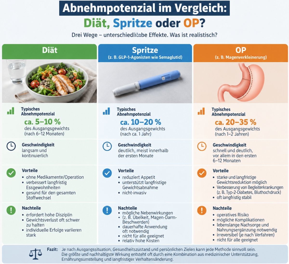 Abnehmpotenzial im Vergleich: Diät, Spritze oder OP?