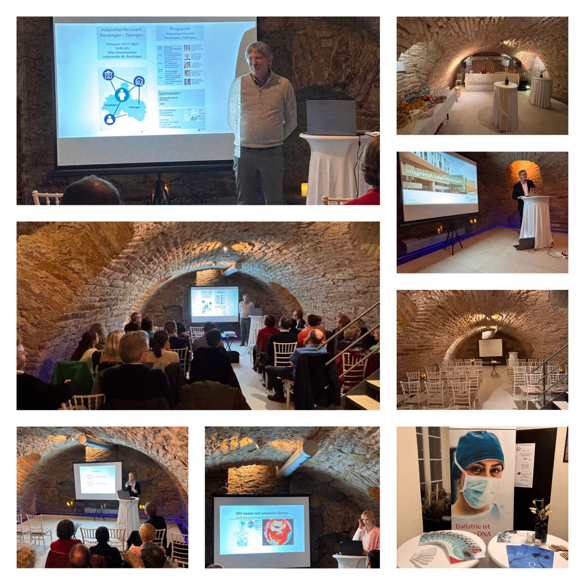 Ein Referent steht vor einem Bildschirm und präsentiert Informationen in einem historischen Raum mit Steinmauern.