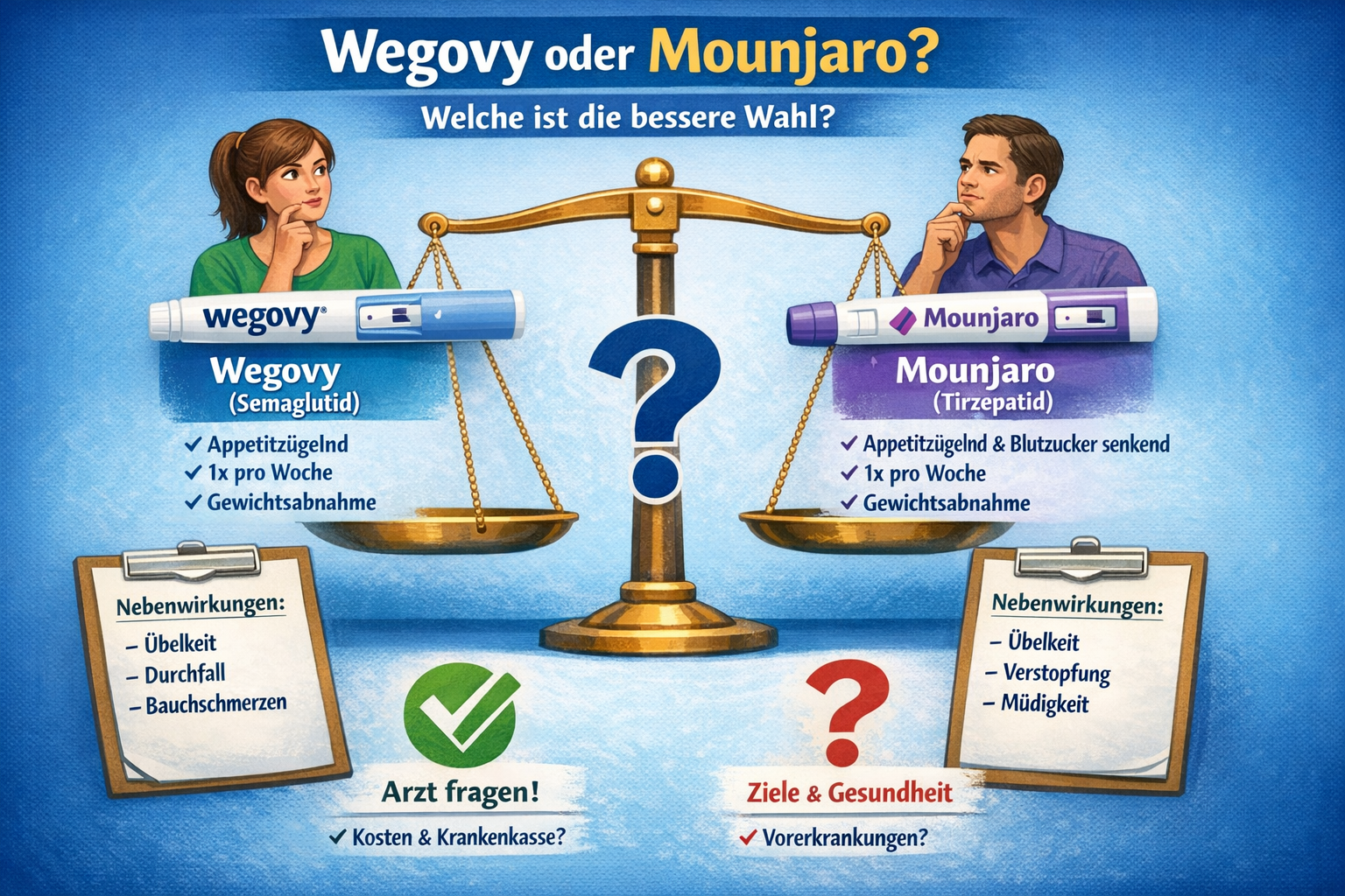 Wegovy (Semaglutid) vs Mounjaro (Tirzepatid) – Gegenüberstellung von Wirkung, Appetitregulierung, wöchentlicher Injektion, Gewichtsabnahme und typischen Nebenwirkungen