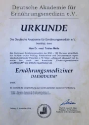 Urkunde der Deutschen Akademie für Ernährungsmedizin e.V. für Dr. med. Tobias Meile.